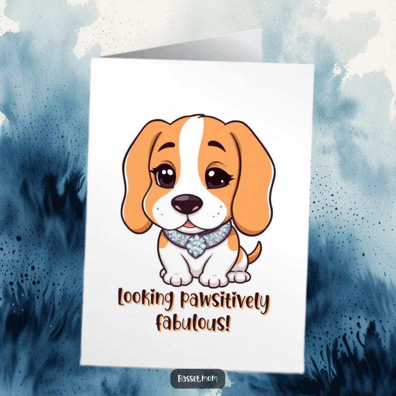 Funny Free Printable Congrats Card: Basset Hound with a sparkly collar, winking slyly, conveying congratulations.