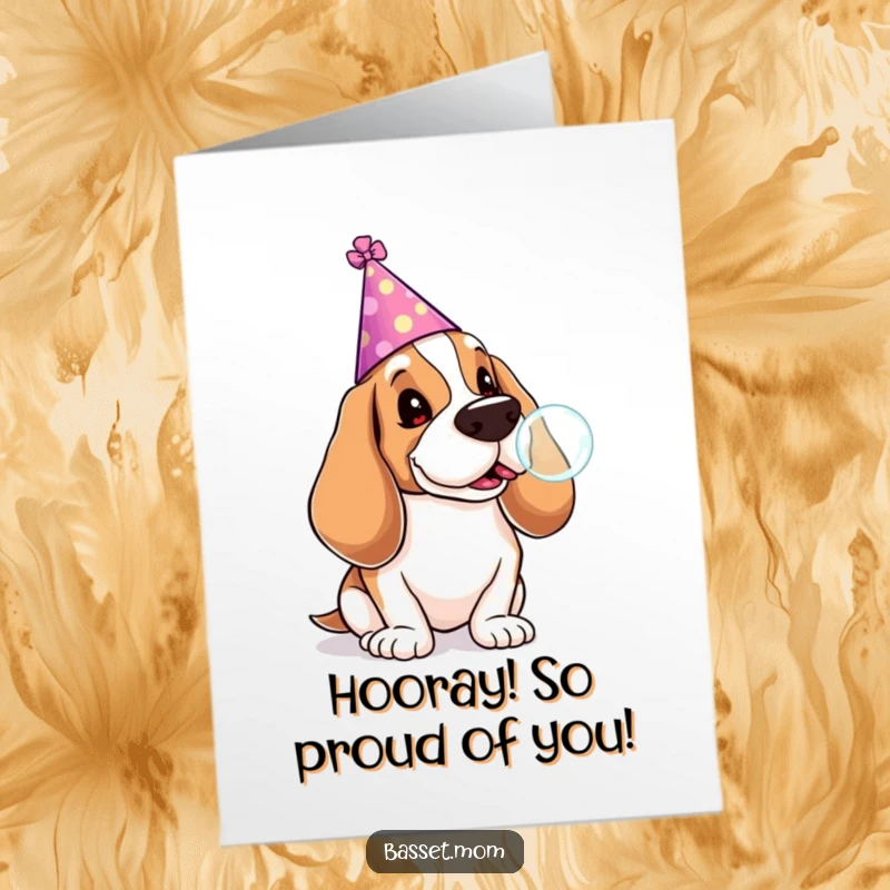Funny Free Printable Congratulations Card: A Basset Hound in a party hat, blowing a large lollipop bubble, signifying celebration.
