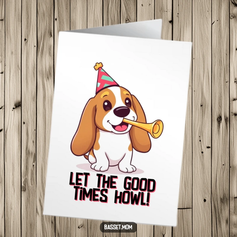 Funny Free Printable Congratulations Card: Basset hound with party hat, blowing tiny trumpet, celebratory downloadable greeting.