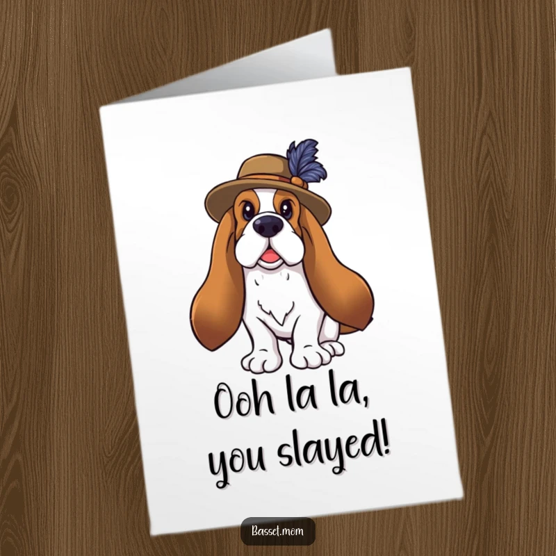 Funny Free Printable Congratulations Card: Basset Hound in Feathered Hat Striking a Dramatic Pose to Congratulate