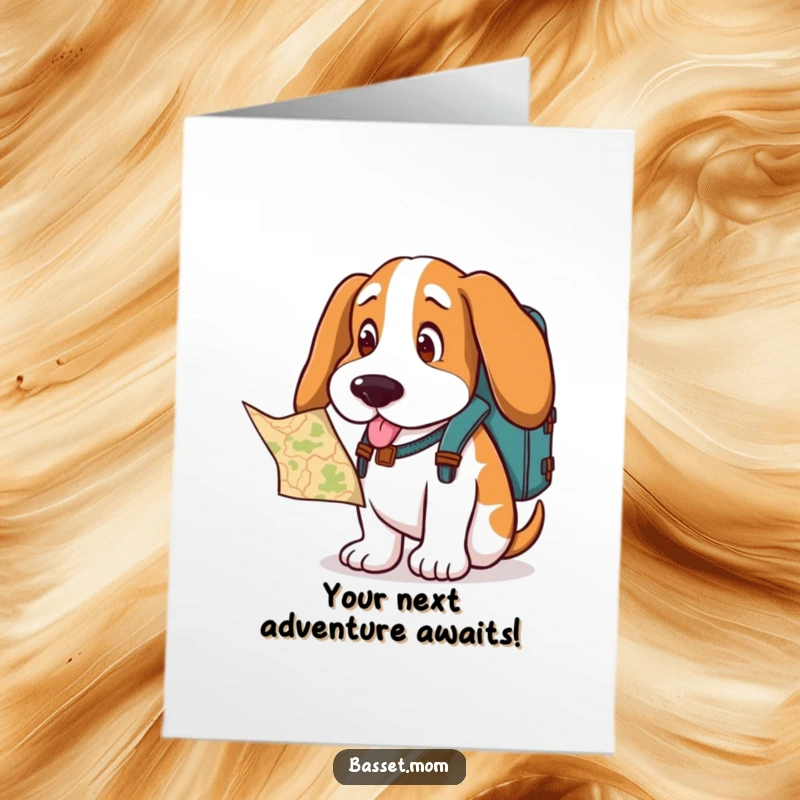 Funny Free Printable Congratulations Card: Basset hound with backpack, looking curiously at a map, adventurous downloadable greeting.