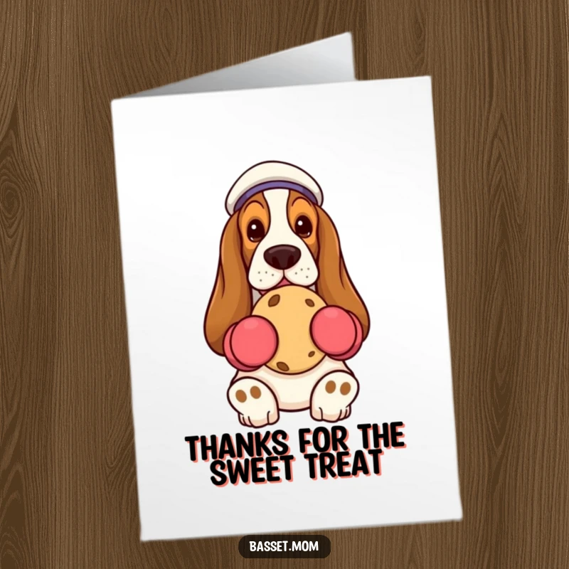Funny Free Printable Thank You Card: Basset Hound in oven mitts holding a cookie, a tasty DIY gift.
