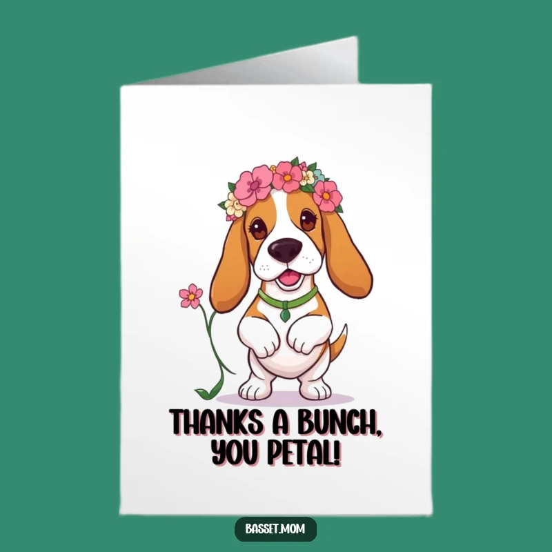 Free Printable Basset Hound Thank You Card: Floral Pup Prancing, Funny Downloadable Gratitude