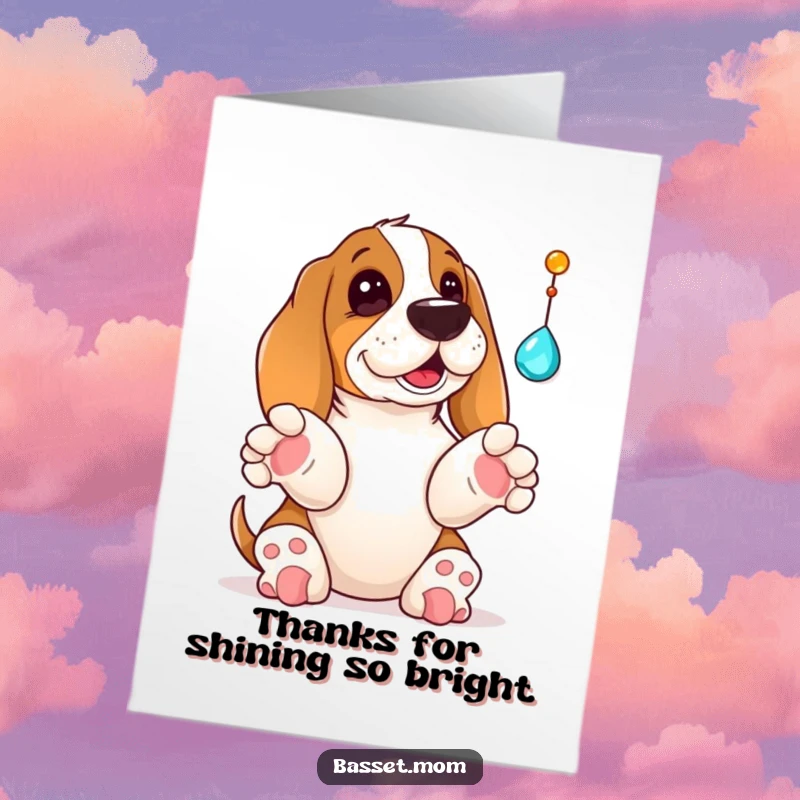 Funny Free Printable Thank You Card: A Basset Hound playfully batting at a dangling jewel with paws up, a fun way to say thanks.