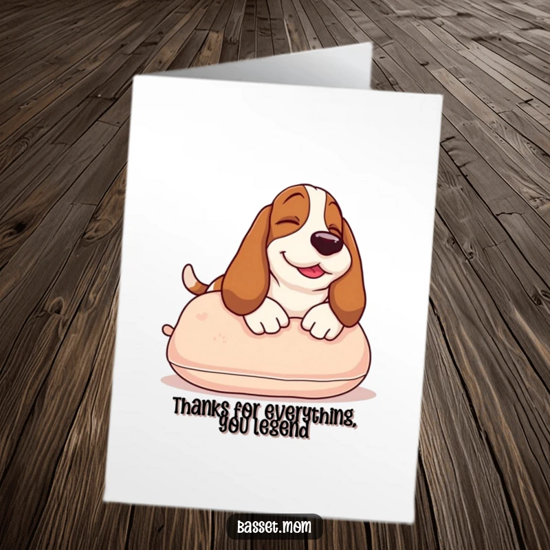 Funny Free Printable Thank You Card: A happy Basset Hound soaking up the sun on a comfy pillow, expressing deep gratitude.