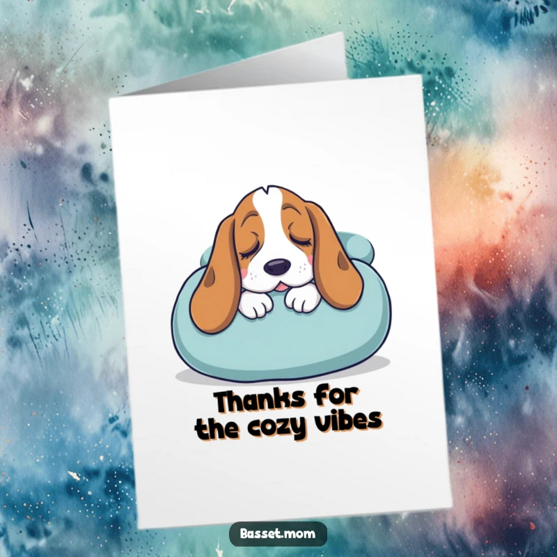 Funny Free Printable Thank You Card: A Basset Hound with drooping, sleepy eyes, melting into a huge, soft cushion.