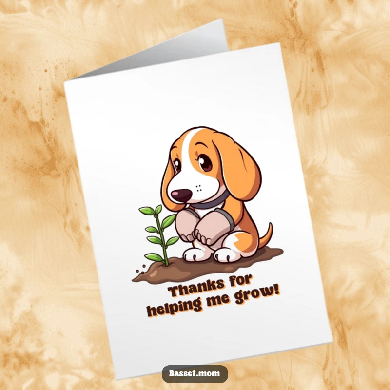 Funny Free Printable Thank You Card: Basset Hound wearing gardening gloves, planting a small sprout, expressing thanks.