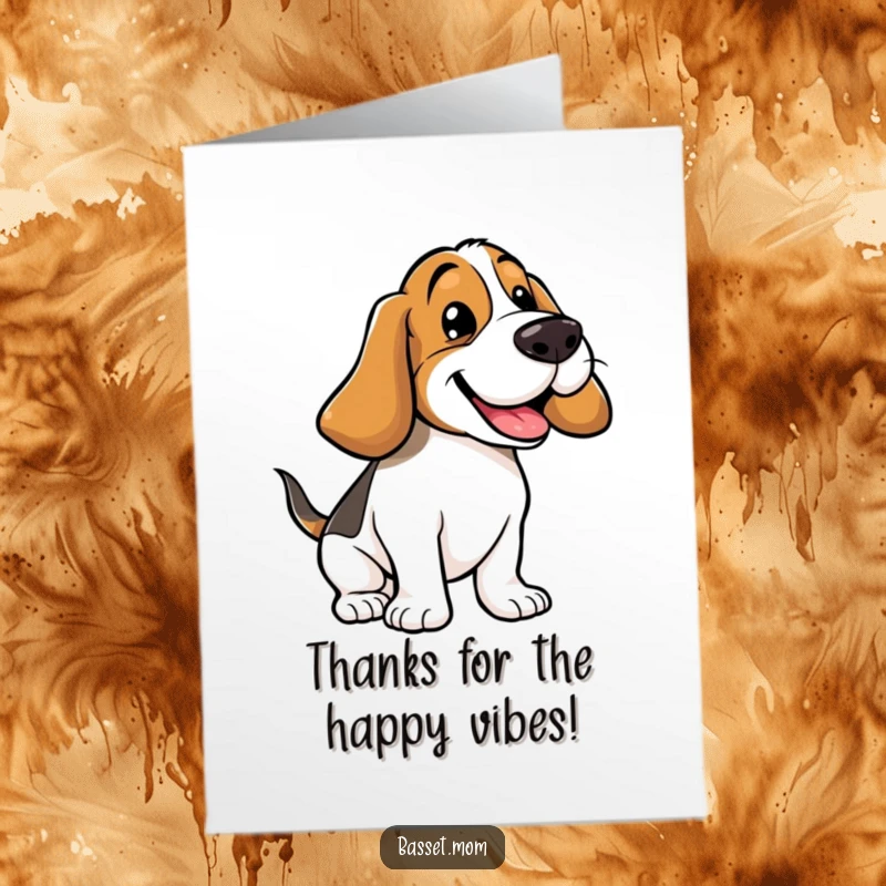 Funny Free Printable Thank You Card: A basset hound with floppy ears bouncing with pure gratitude and happy energy.