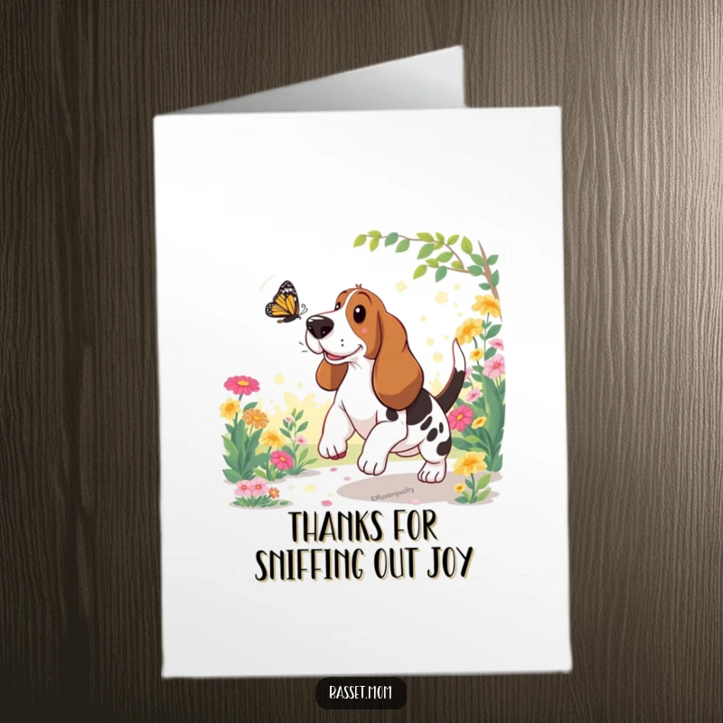 Funny Free Printable Thank You Card: Basset Hound gleefully chasing a butterfly in a sun-drenched garden.