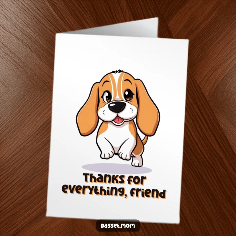 Funny Free Printable Thank You Card: Basset Hound tiptoeing with a sweet, mischievous wink as thanks.