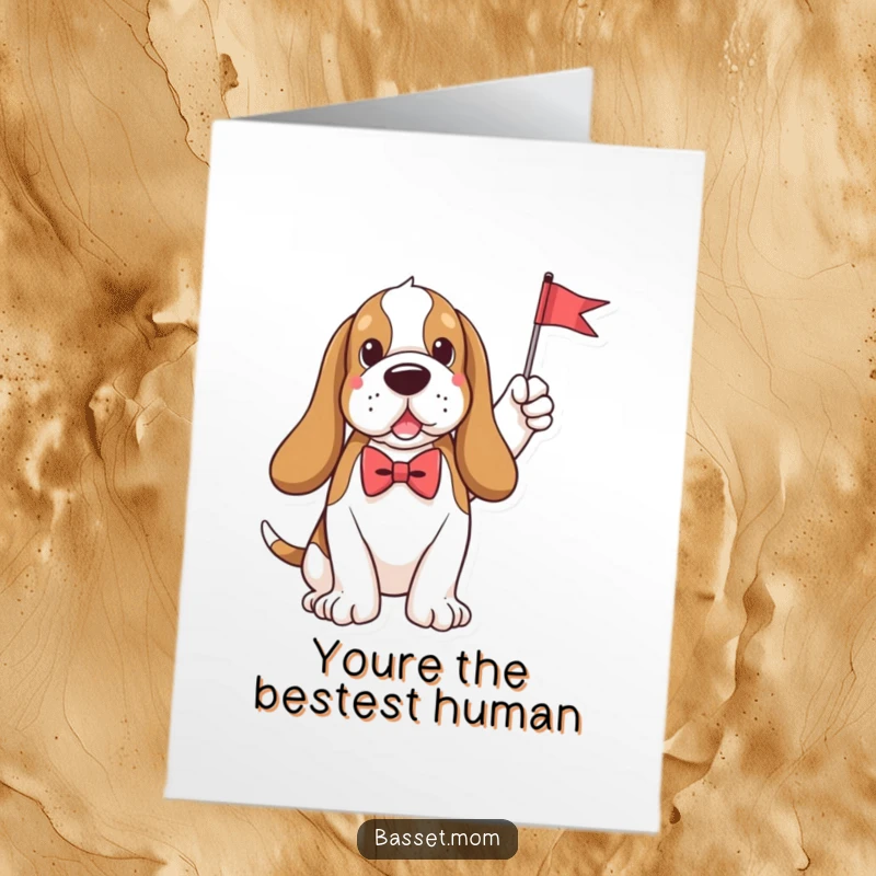 Funny Free Printable Thank You Card: A sophisticated Basset Hound sporting a bow tie waves a tiny flag, expressing gratitude.
