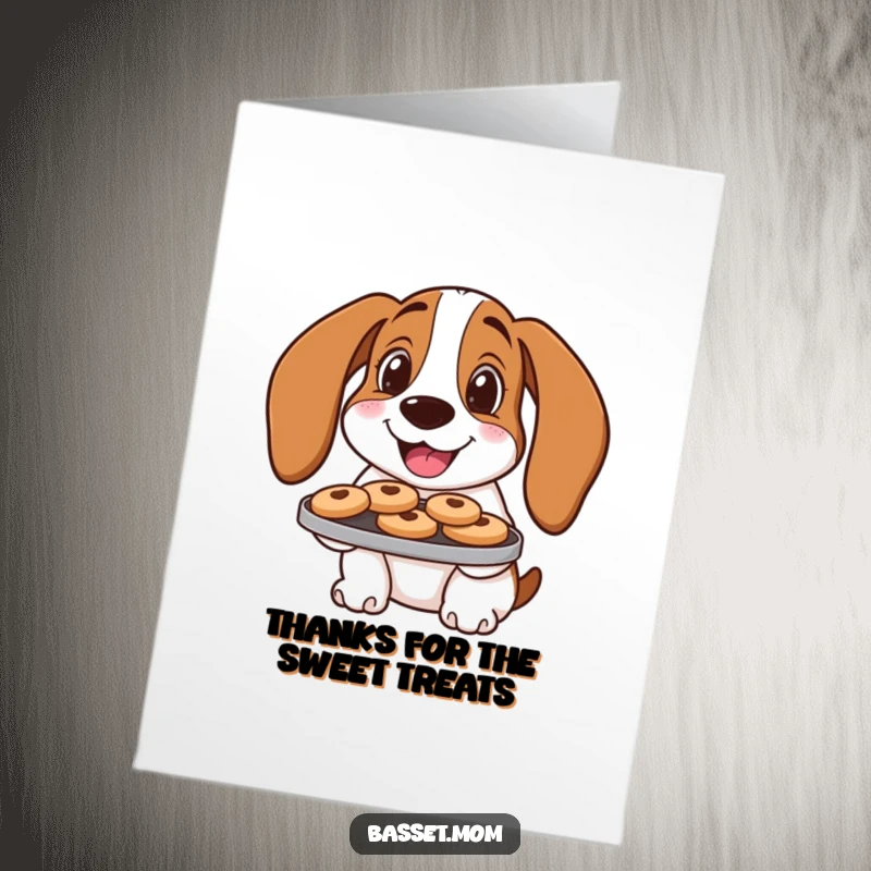 Funny Free Printable Thank You Card: A happy Basset Hound offers a tray of freshly baked cookies with a smile.