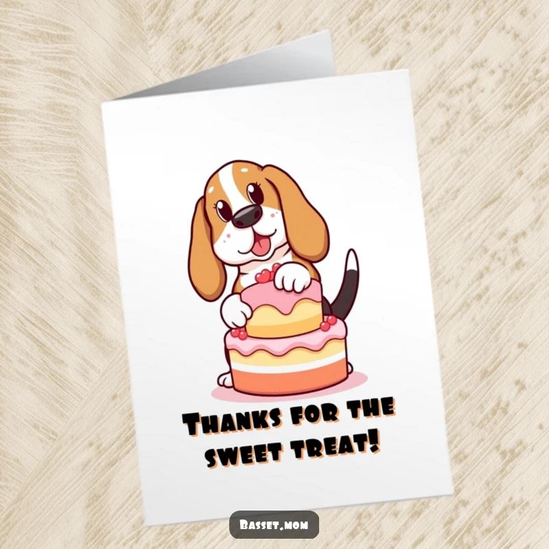 Funny Free Printable Thank You Card: A Basset Hound wagging its tail, trying to balance a cake as a thank you gesture.
