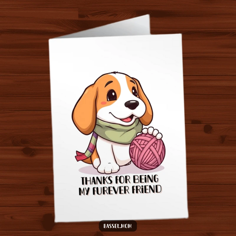 Funny Free Printable Thank You Card: Basset hound in scarf, entangled in yarn ball, adorable downloadable message.
