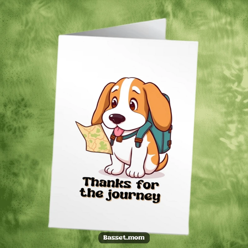 Funny Free Printable Thank You Card: Basset hound with backpack, curiously looking at a map, adventurous downloadable message.