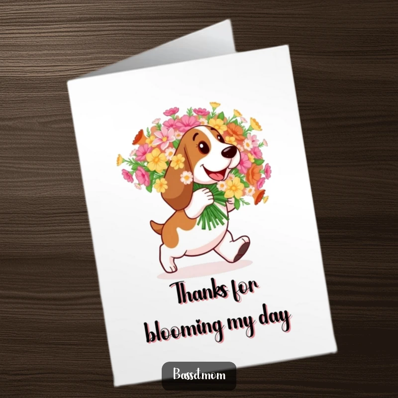 Funny free printable thank you card of a happy Basset Hound waddling along, carrying an impressively large bouquet of flowers.