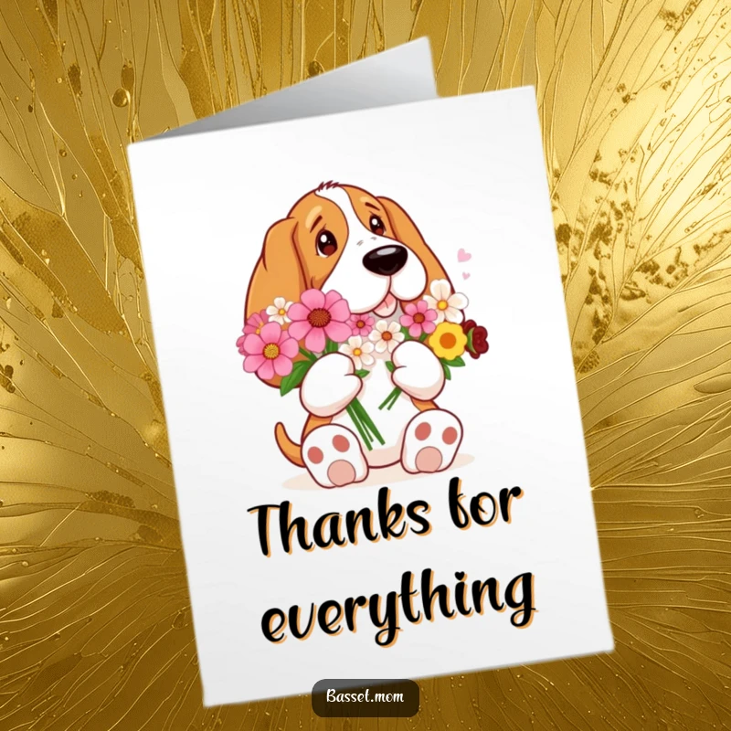 Funny Free Printable Thank You Card: A Basset Hound with impressively large paws holds a bouquet of colorful flowers, expressing thanks.