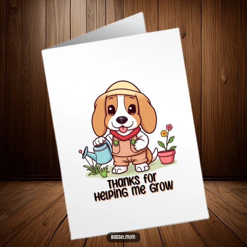Funny Free Printable Thank You Card: Basset Hound in gardening clothes offering a flower.