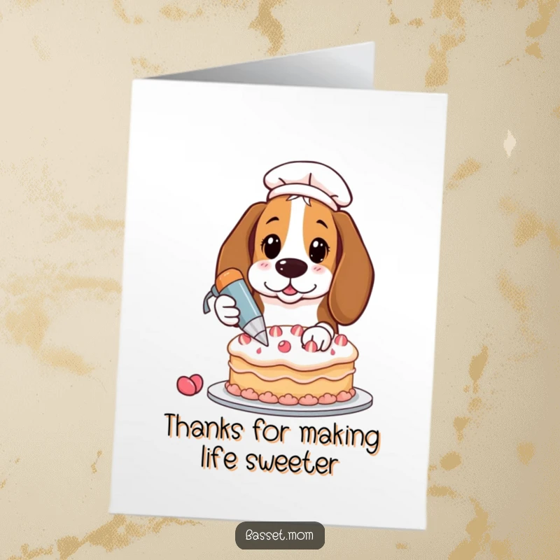 Funny Free Printable Thank You Card: Basset Hound with pastry bag decorating a cake, a sweet DIY gift.