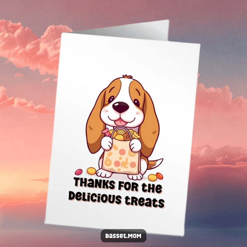 Funny Free Printable Thank You Card: Basset Hound offering a treat from a full shopping bag.