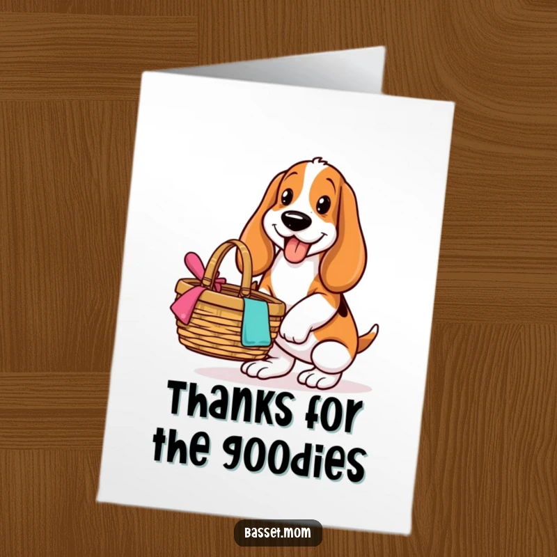 Funny Free Printable Thank You Card - A happy Basset Hound balancing a picnic basket, ready for adventure.