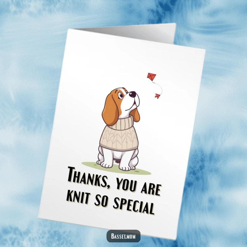 Funny Free Printable Thank You Card: A Basset Hound in a snug knitted sweater, looking up wistfully at a kite.