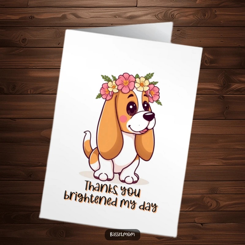 Funny Free Printable Thank You Card: Basset Hound with floral crown wagging tail, expressing thanks.