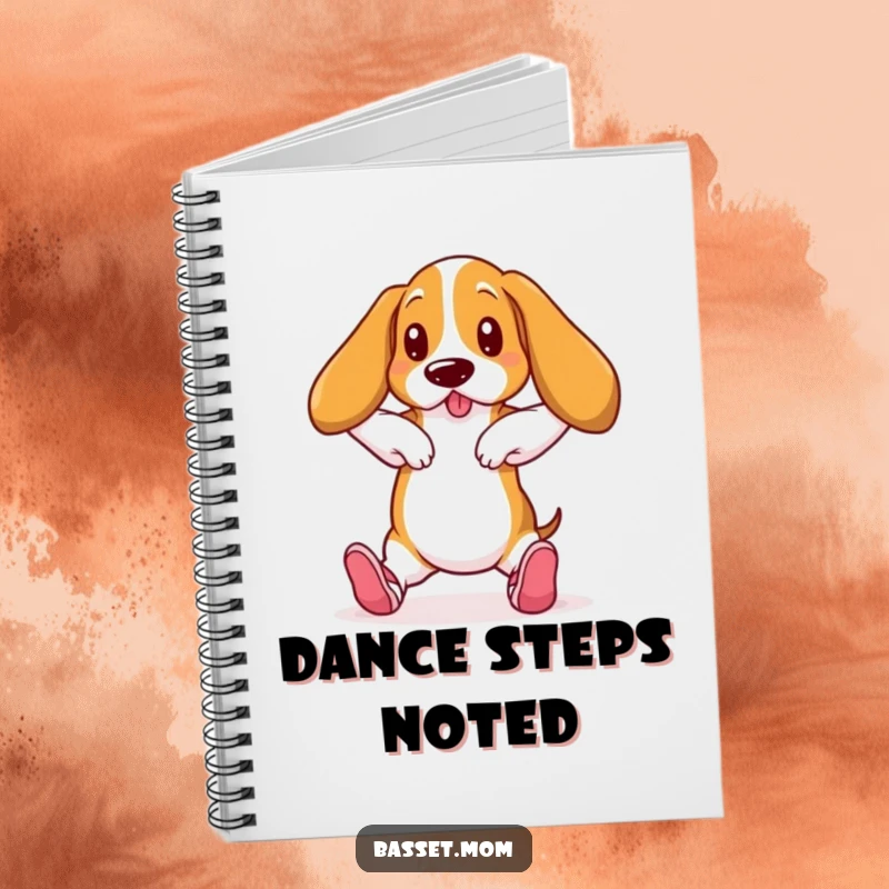 Funny Basset Hound in ballet slippers, dancing pose, lined notebook, humorous stationery gift.