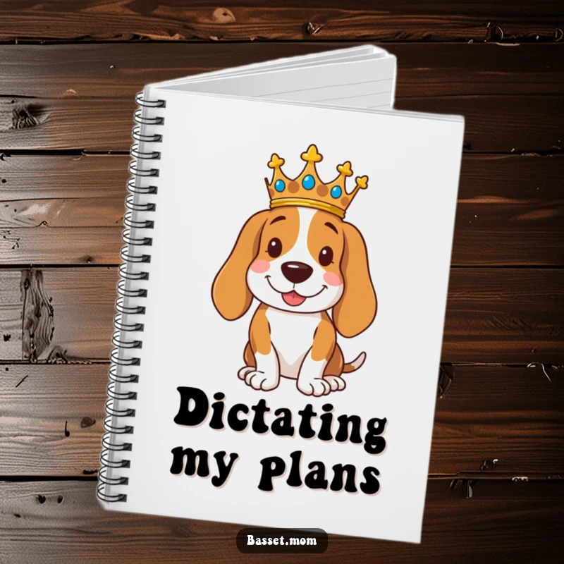 Funny royal Basset Hound notebook featuring a dog wearing a crown, posing regally with a smile, perfect for note-taking.
