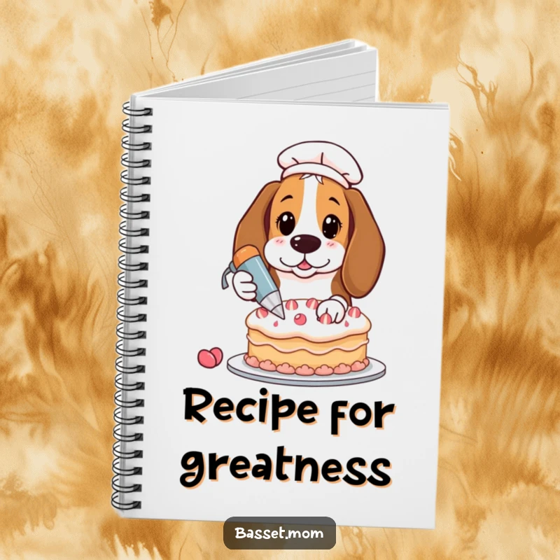 Funny Basset Hound decorating cake, pastry bag, lined notebook, humorous stationery gift.