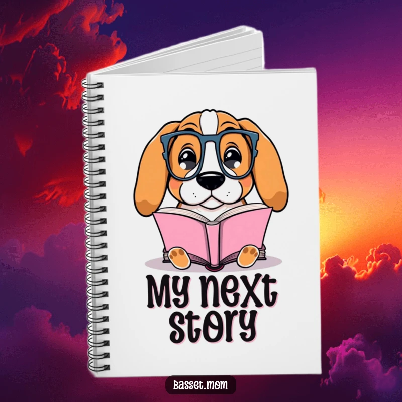 Funny Basset Hound notebook featuring a dog with glasses contentedly reading a book, ideal for scholarly notes and doodles.