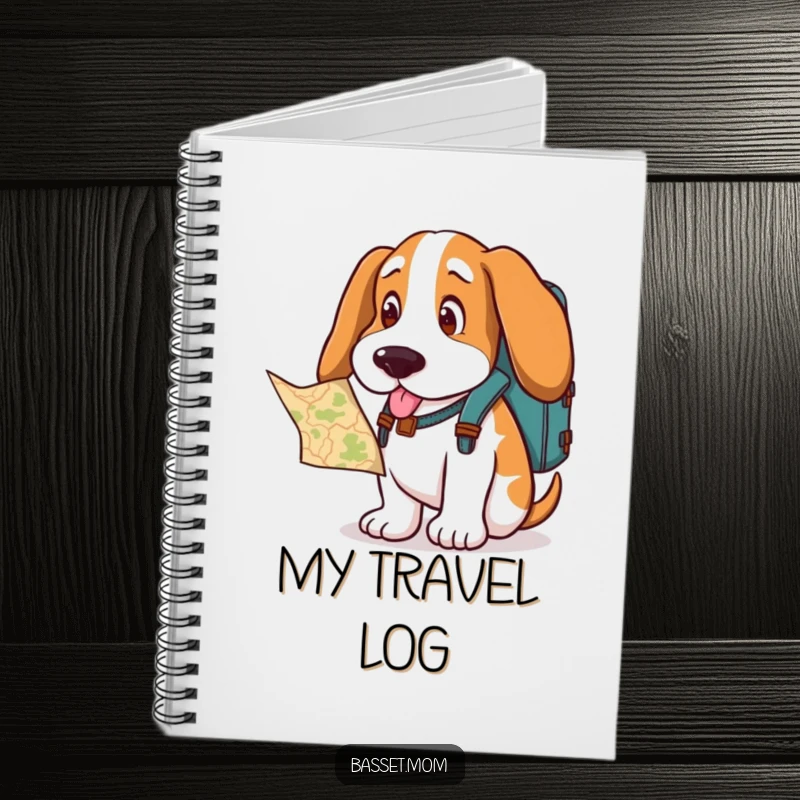 Funny Basset Hound notebook, a dog with a backpack looking at a map, perfect for planning adventures.