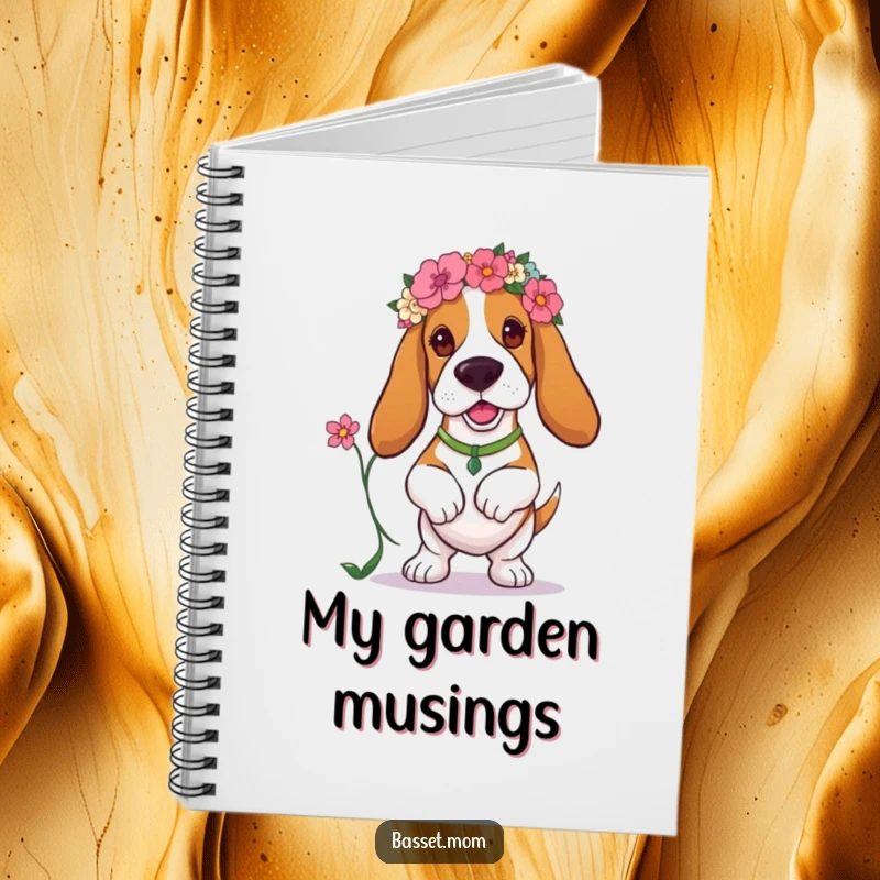 Funny Basset Hound notebook adorned with a dog wearing a floral headband and prancing with a flower, great for note-taking fun.