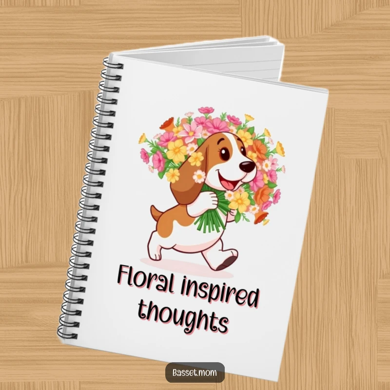 Funny Basset Hound notebook, cover art of a dog happily carrying flowers, for journaling happy thoughts.