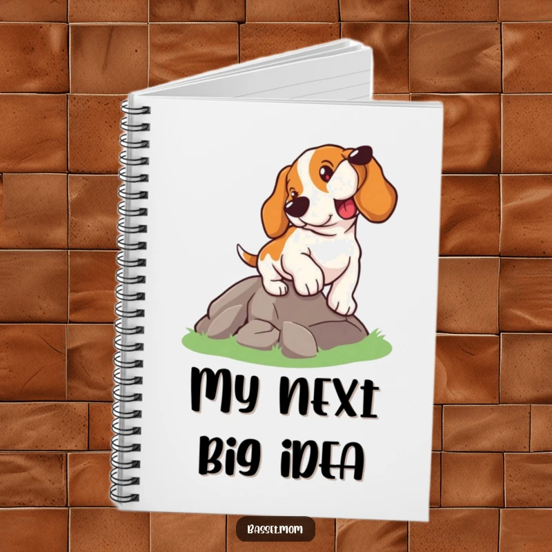 Funny Basset Hound notebook, a dog climbing a hill with determination, ideal for journaling goals and aspirations, a motivational gift.