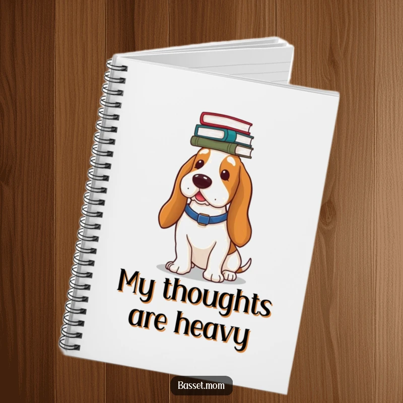 Funny Basset Hound notebook, cover art of a dog balancing a stack of books on its head, inspiring smart ideas.