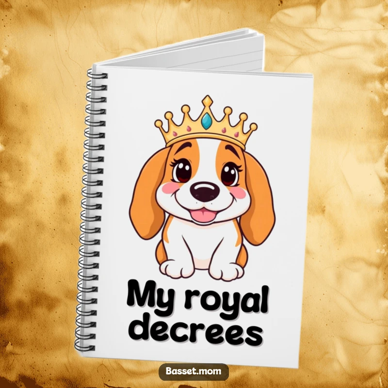 Funny Basset Hound wearing a crown poses regally with a smile, featured on a notebook cover, inspiring humorous royal notes and thoughts.