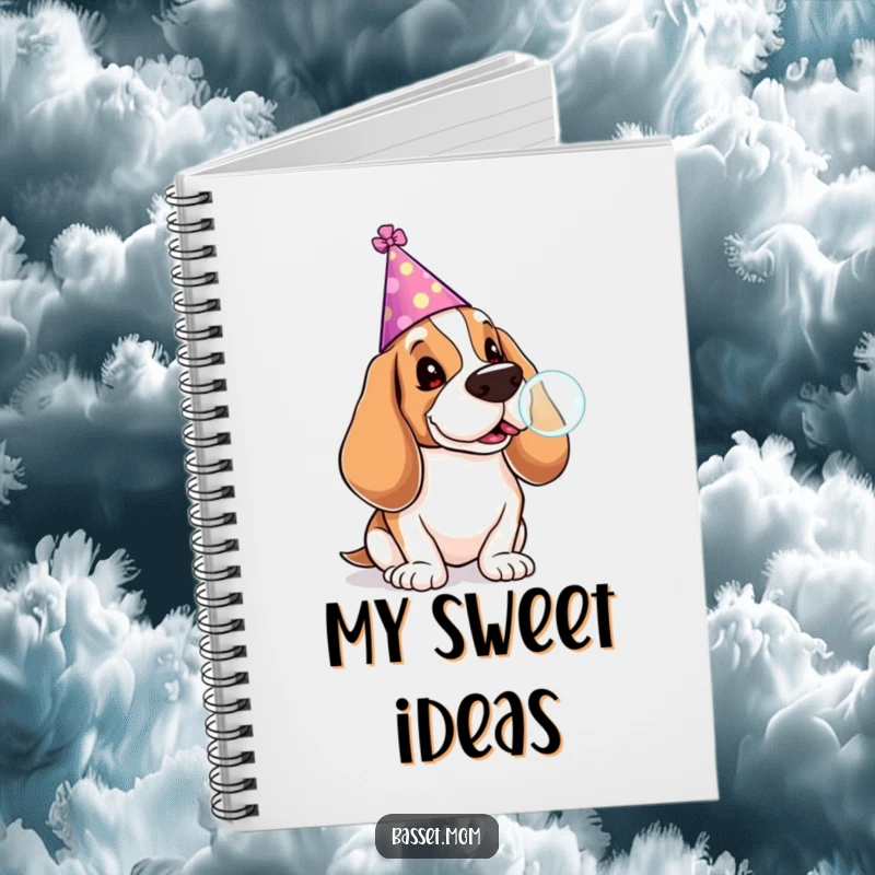 Funny Basset Hound notebook with a dog in a party hat blowing a lollipop bubble, ideal for noting down fun ideas.