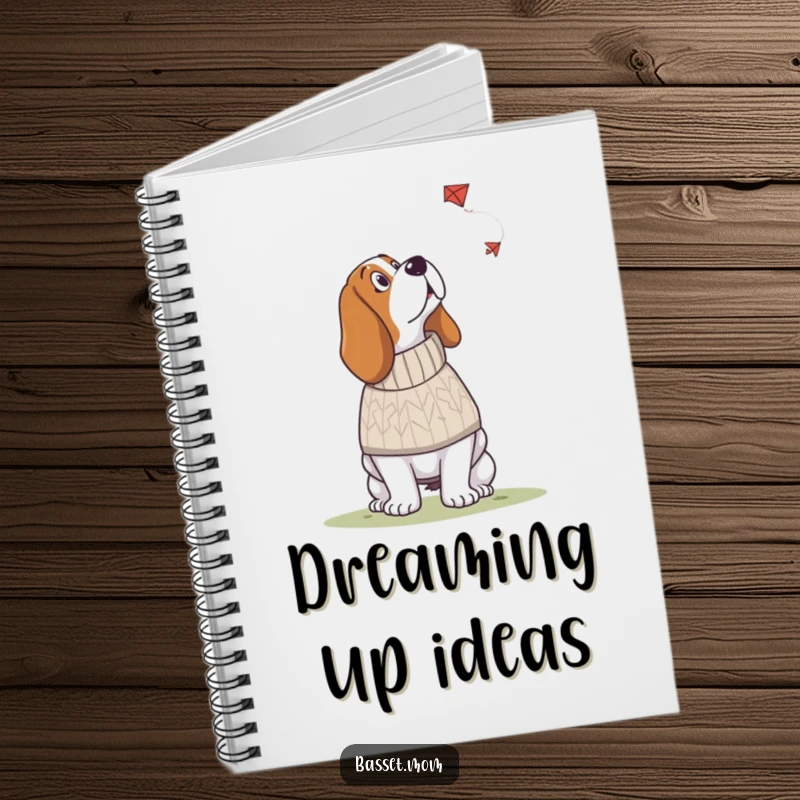 Funny Basset Hound notebook with a dog in a knitted sweater looking up at a kite, ideal for noting down cozy thoughts.