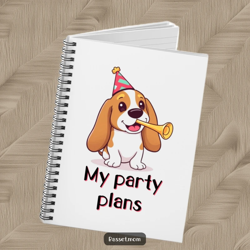 Funny Basset Hound notebook, a dog in a party hat blowing a small trumpet, perfect for planning parties.