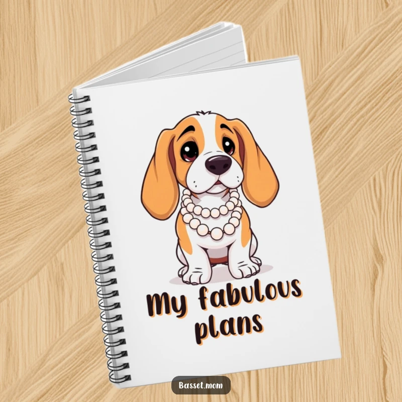 Funny Basset Hound notebook, cover art of a dog with pearls, posing dramatically, for journaling.