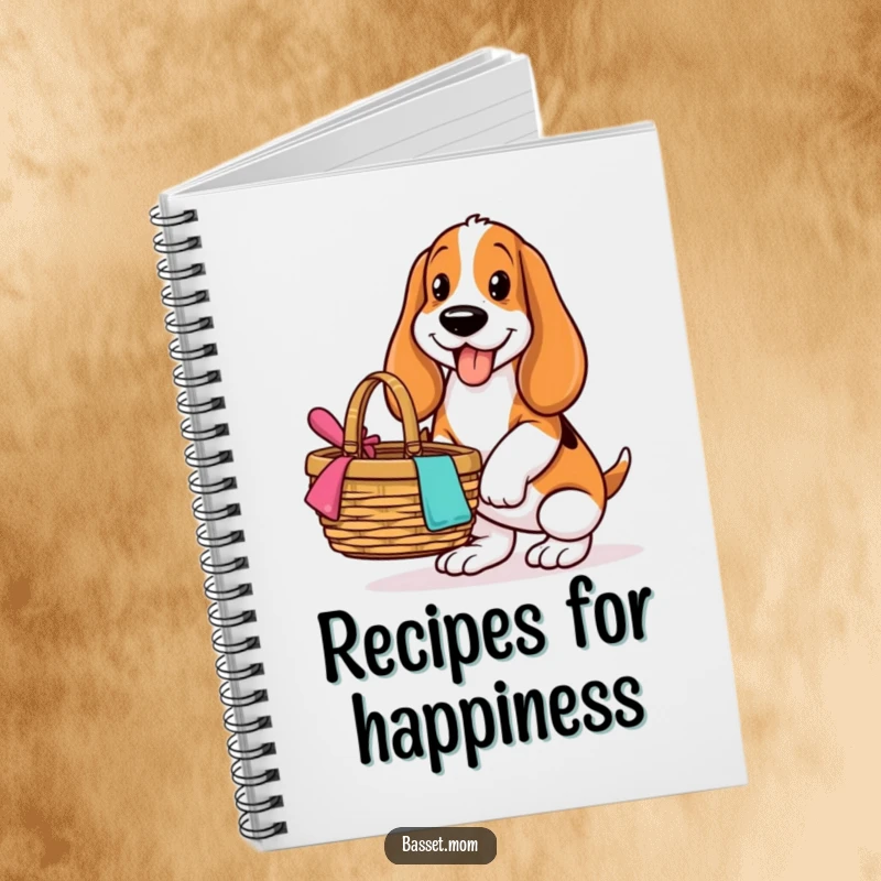 Funny Basset Hound notebook, cover art of a happy dog balancing a picnic basket, inspiring outdoor plans and notes.