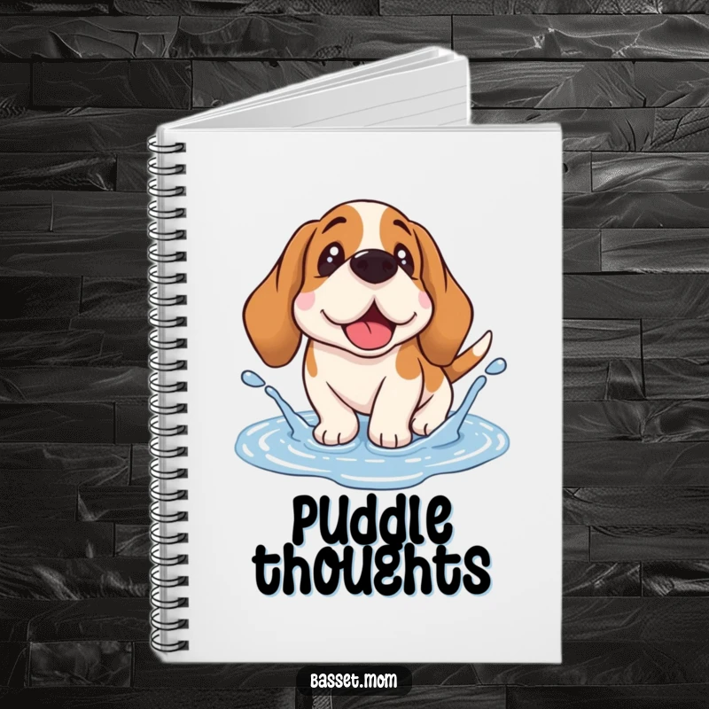 Funny Basset Hound notebook featuring a droopy-eared dog joyfully splashing in a puddle, ideal for note-taking with a humorous twist.