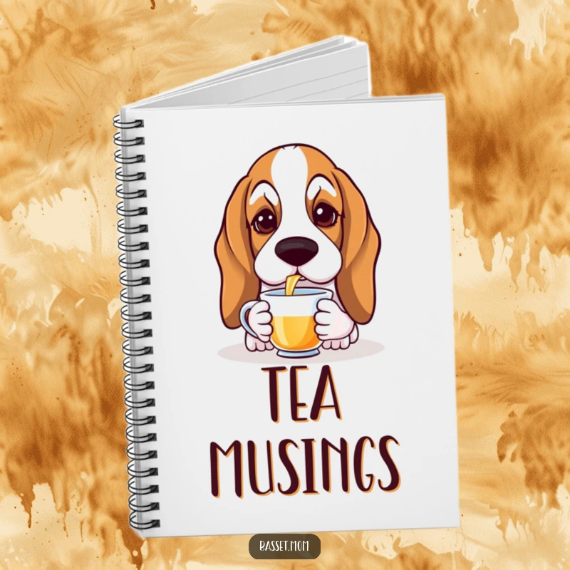Funny Basset Hound notebook featuring a droopy-eared dog gracefully sipping tea, ideal for sophisticated note-taking.