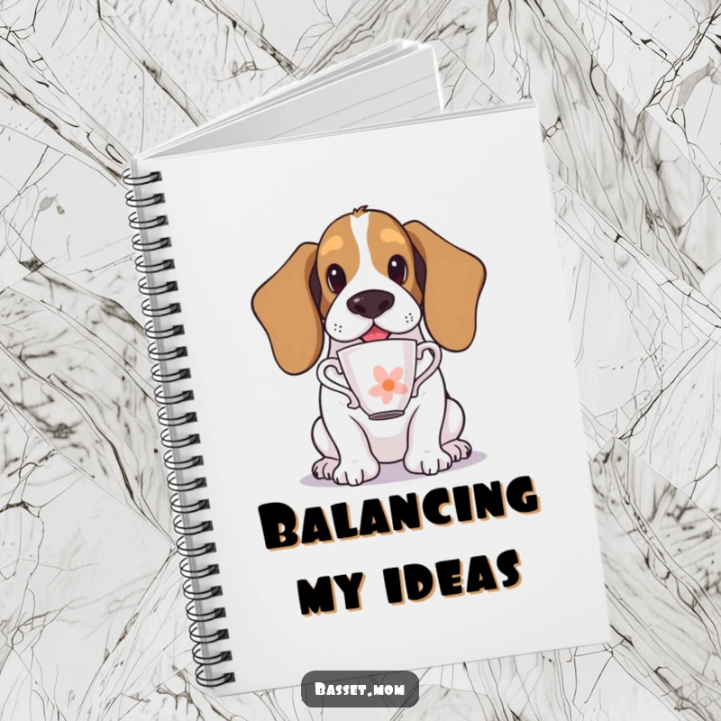 Funny Basset Hound notebook cover depicting a dog balancing a teacup on its nose, conveying focused humor for note-taking.