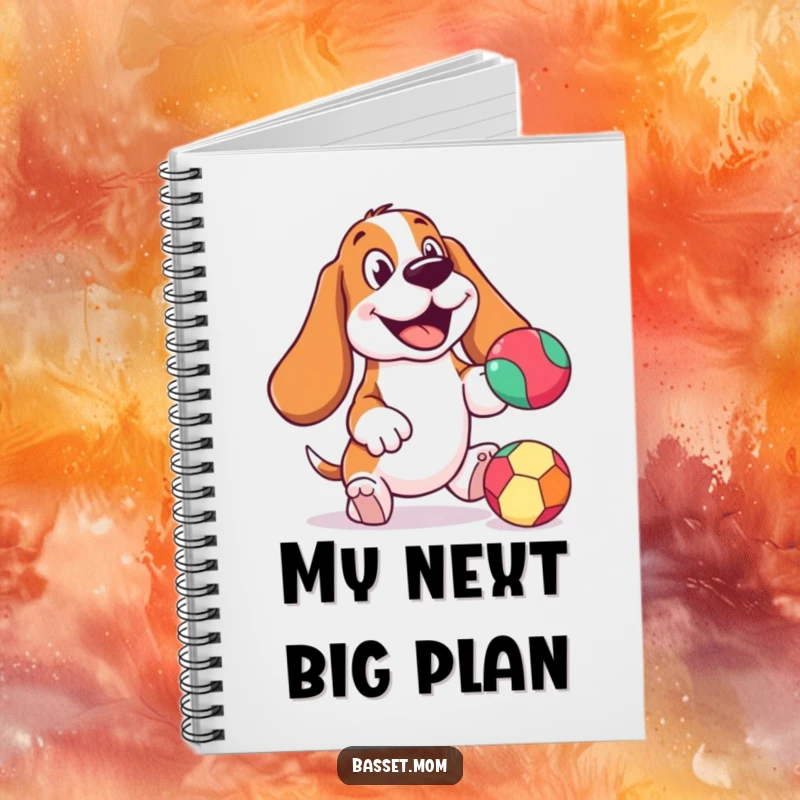 Funny Basset Hound notebook, cheerful expression, bouncing a colorful ball, a delightful companion for all your writing and doodling needs.