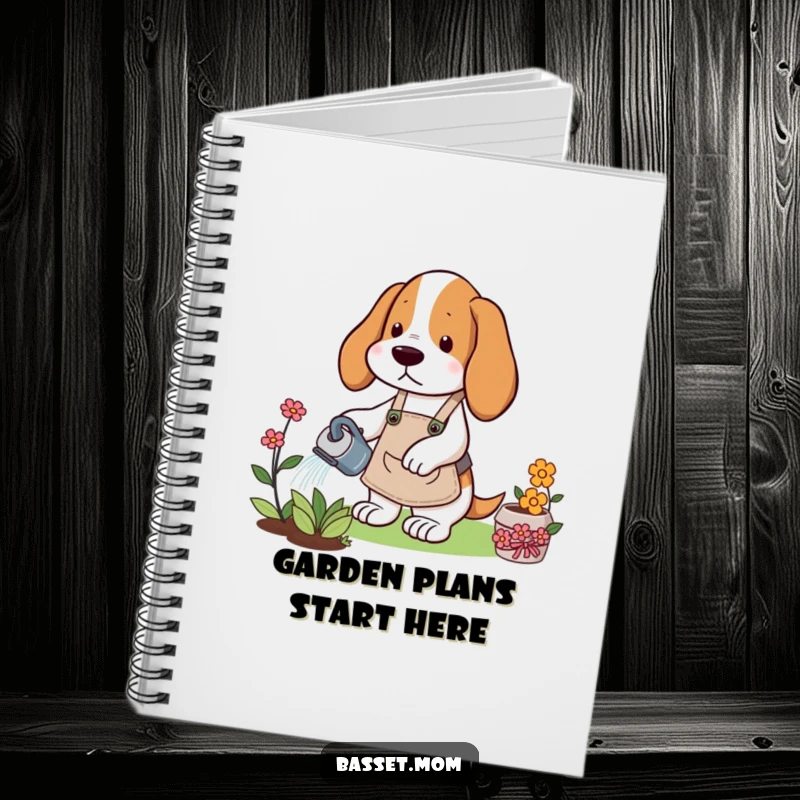 Funny Basset Hound notebook with a dog in a gardening apron watering a flower, perfect for jotting down garden plans and ideas.