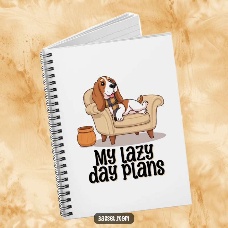 Funny Basset Hound wearing a scarf lounges on a cozy armchair, perfect for jotting down ideas with relaxed humor in this notebook.