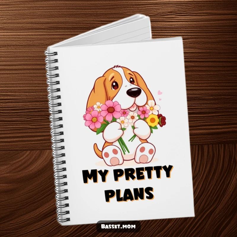 Funny Basset Hound with big paws holding a bouquet of flowers, perfect for jotting down thoughts with gentle humor in this notebook.