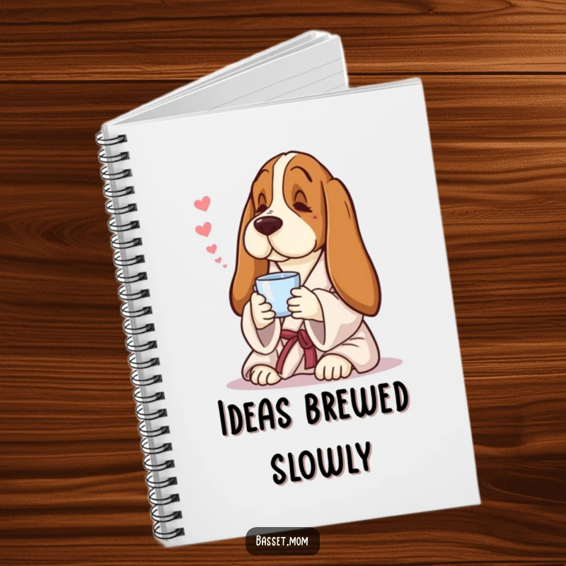 Funny Basset Hound notebook, cover art of a dog in a robe with tea, for journaling thoughts.